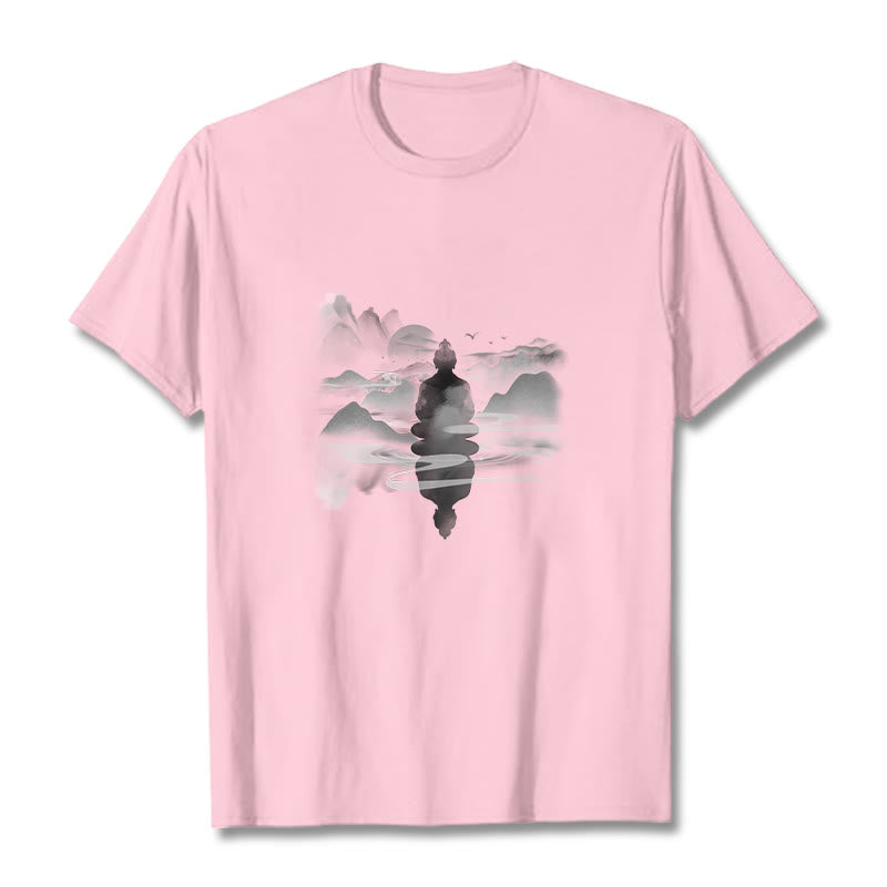 Meditating mystic zen Sitting In Mountains Pattern Cotton Tee T-shirt