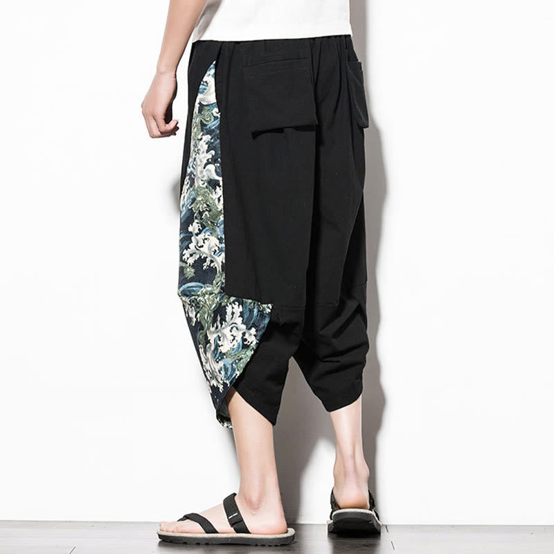 Green Waves Print Cotton Men's Cropped Harem Pants With Pockets