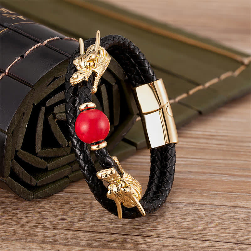 Double Dragon Head Leather Stone Titanium Steel Success Bracelet (Extra 35% Off | USE CODE: FS35)