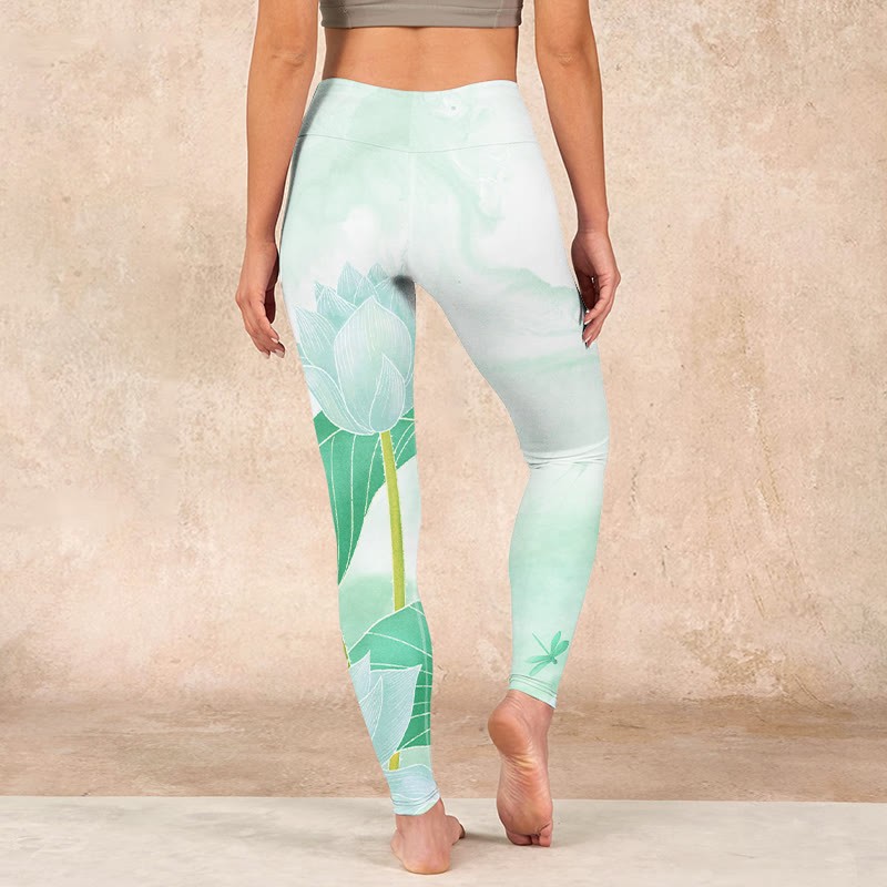 Mint Green Lotus Leaf Dragonfly Print Exercise Leggings Women's Yoga Pants