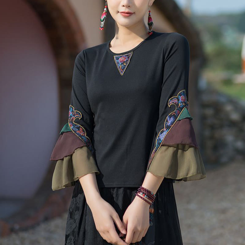 Embroidery Flower T-shirt Three Quarter Bell Flare Sleeves Cotton Top Tee