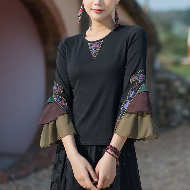 Embroidery Flower T-shirt Three Quarter Bell Flare Sleeves Cotton Top Tee