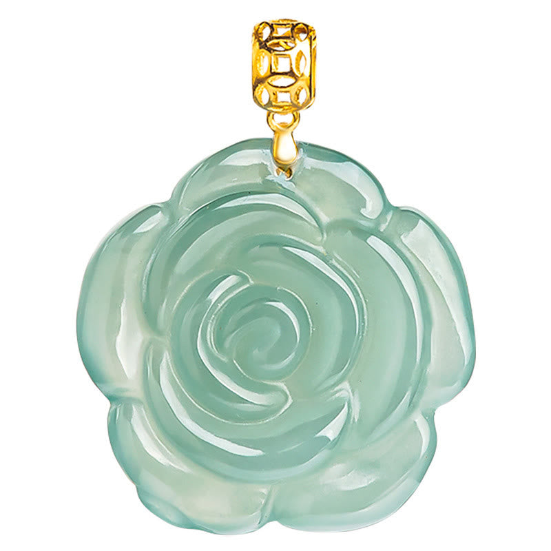18K Gold 925 Sterling Silver Natural Jade Rose Luck Necklace Pendant