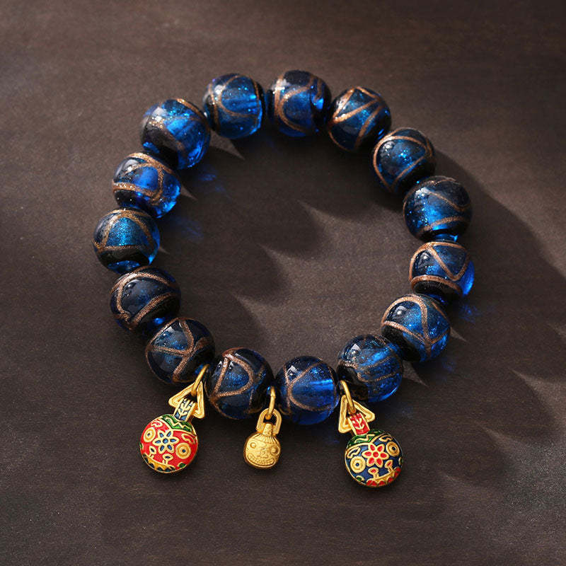 Gold Swallowing Beast Luck Charm Blue Liuli Glass Bead Fortune Bracelet