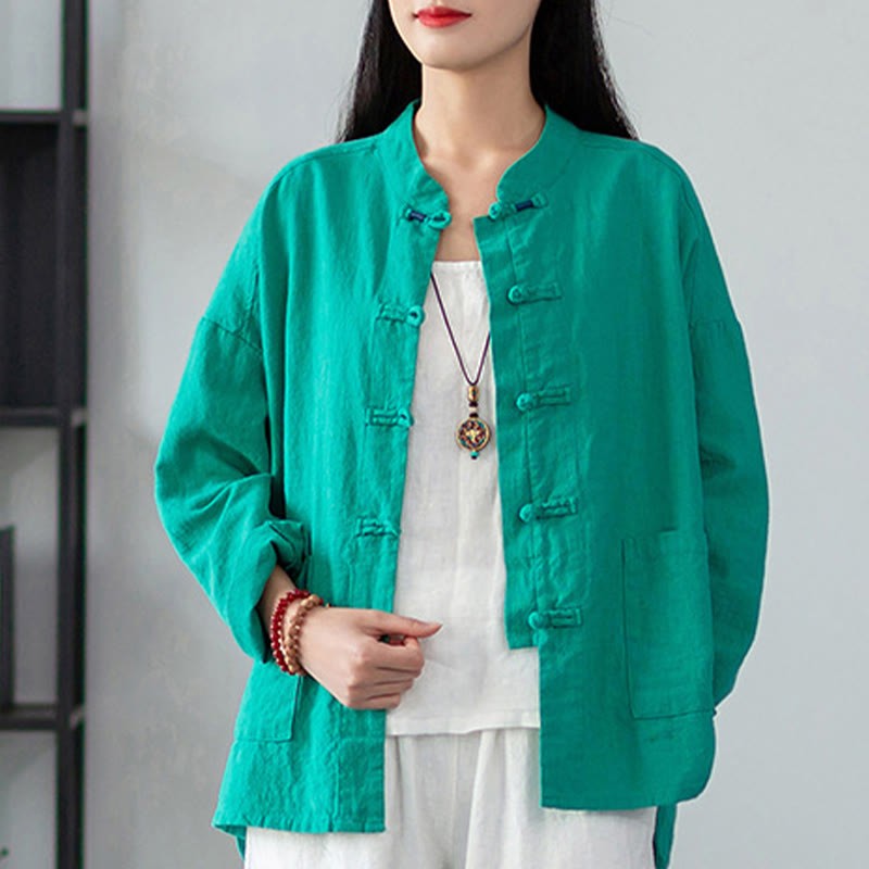 Solid Color Frog-button Long Sleeve Linen Women's Shirts With Pockets