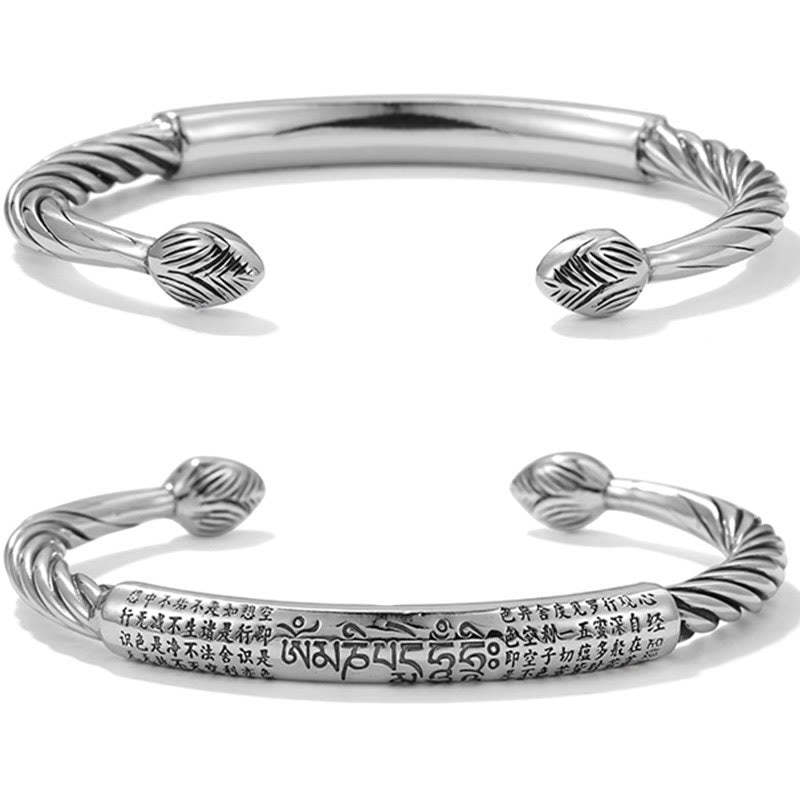 999 Sterling Silver Six True Words Heart Sutra Braided Design Lotus Protection Bracelet Bangle