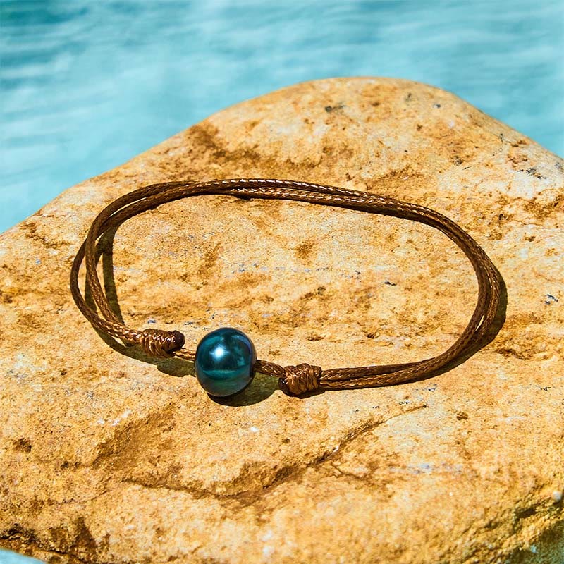 Natural Tahitian Black Pearl Bead Wax Rope Healing Bracelet