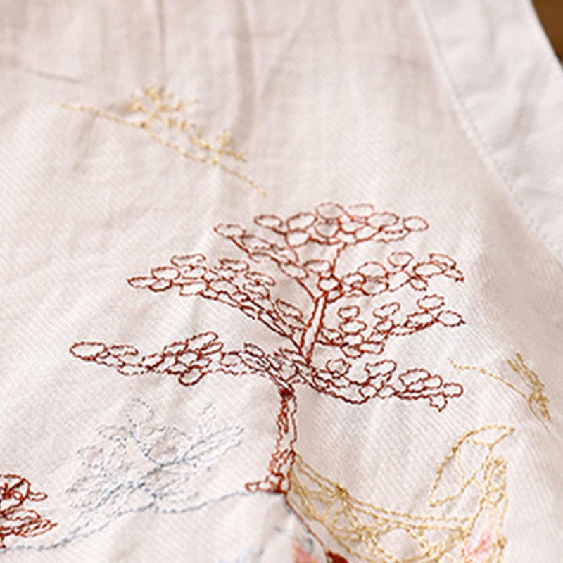 Casual Embroidered Plant Stand Collar Design Three Quarter Sleeve Women's Cotton Linen Shirt