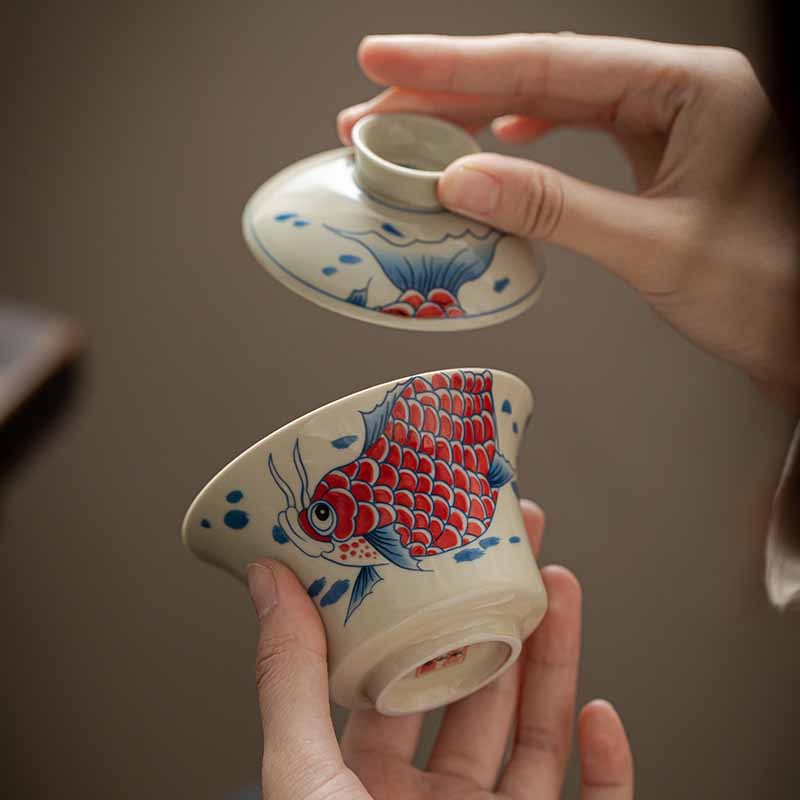 Koi Fish Arowana Ceramic Gaiwan Sancai Teacup Kung Fu Tea Cup With Lid 130ml