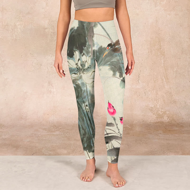 Lotus Bamboo Leaves Print Gym Leggings Women's Yoga Pants
