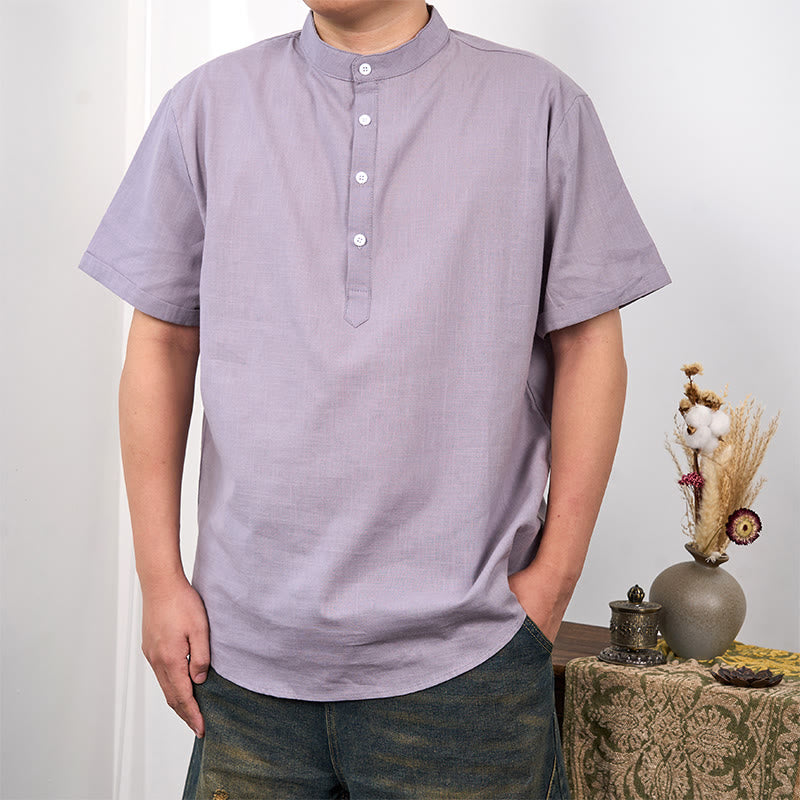 Men's Plain Color Short Sleeve Half Button Cotton Linen Shirt