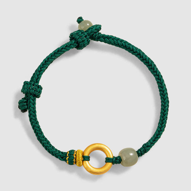 999 Sterling Silver Peace Buckle Hetian Jade Bead Luck Green Rope Braided Bracelet