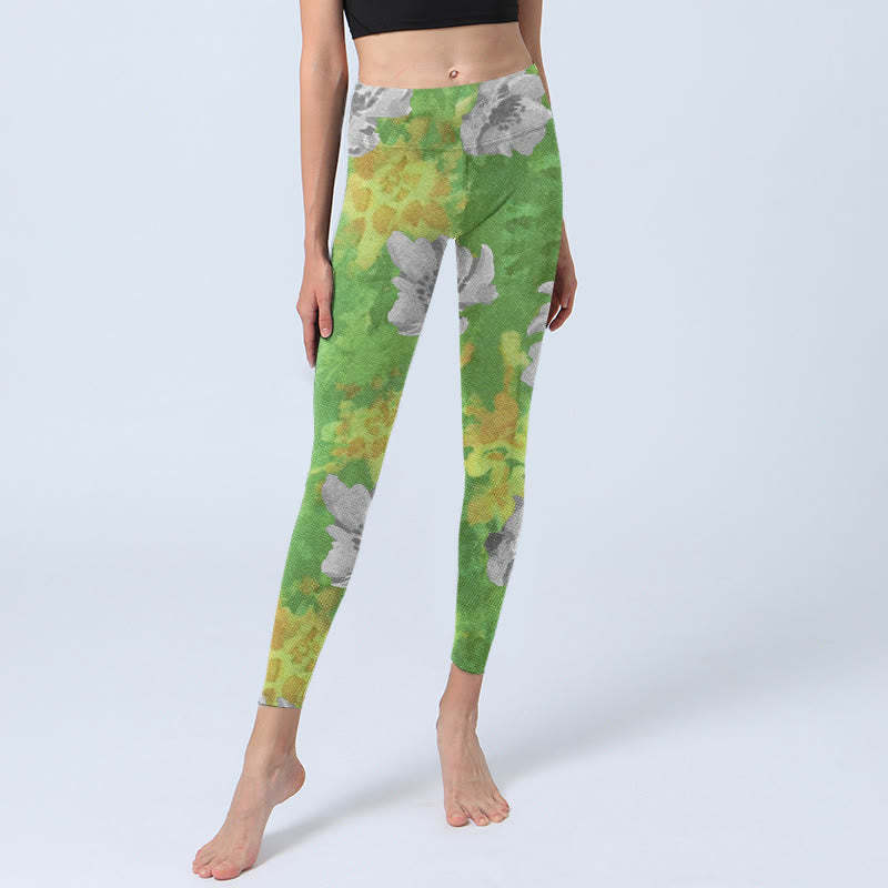 Yellow-green Gray Flowers Print Sports Fitness Leggings Women's Yoga Pants