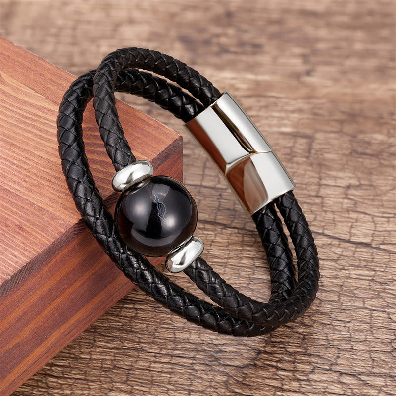 Black Onyx Sardonyx Agate Beads Support Leather Bracelet