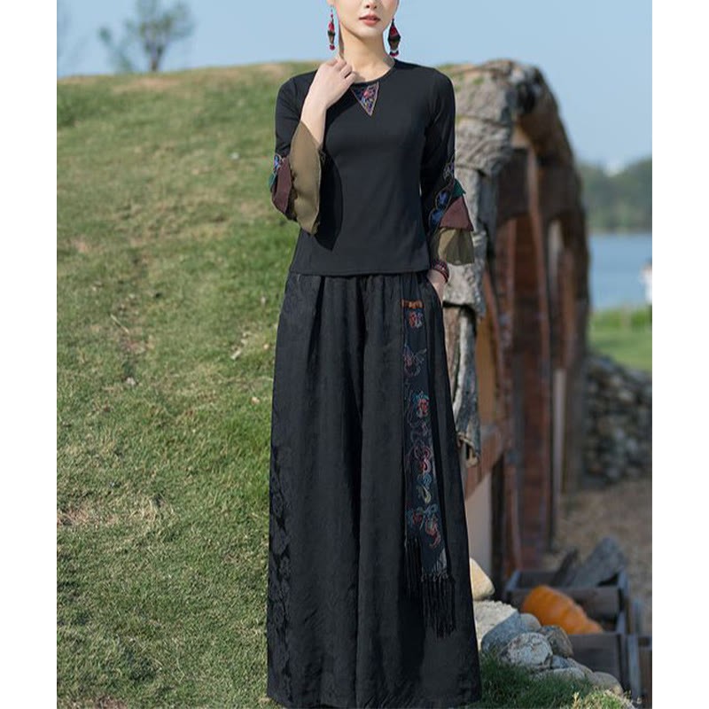 Embroidery Flower T-shirt Three Quarter Bell Flare Sleeves Cotton Top Tee