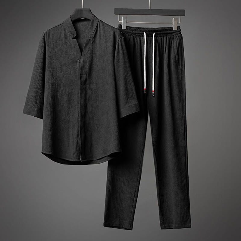 2Pcs Solid Color Texture Button Half Sleeve Shirt Pants Men's Set