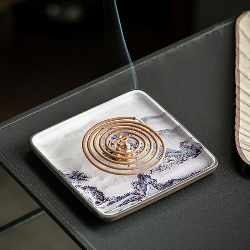Mountain Lake Flower Leaf Healing Ceramic Plate Tray Stick Incense Burner Decoration