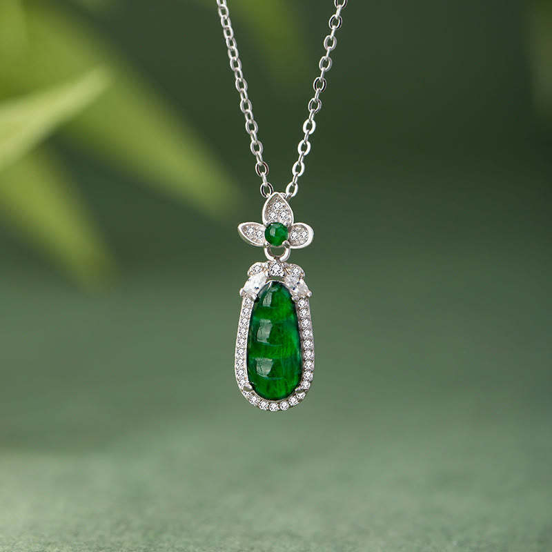925 Sterling Silver Cyan Jade Pea Design Luck Healing Necklace Pendant