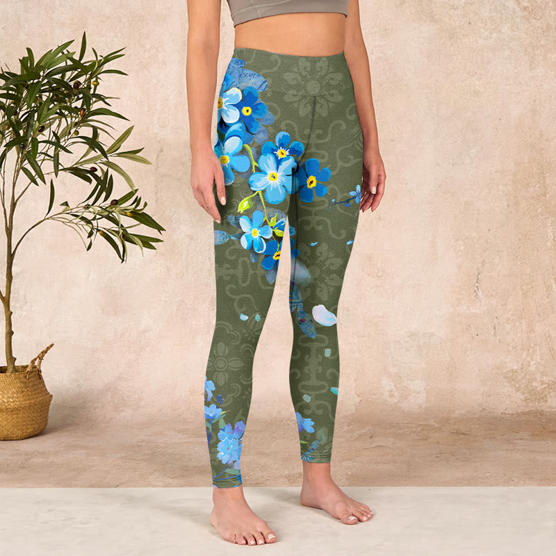 Blue Flowers Butterflies Print Gym Leggings Women's Yoga Pants