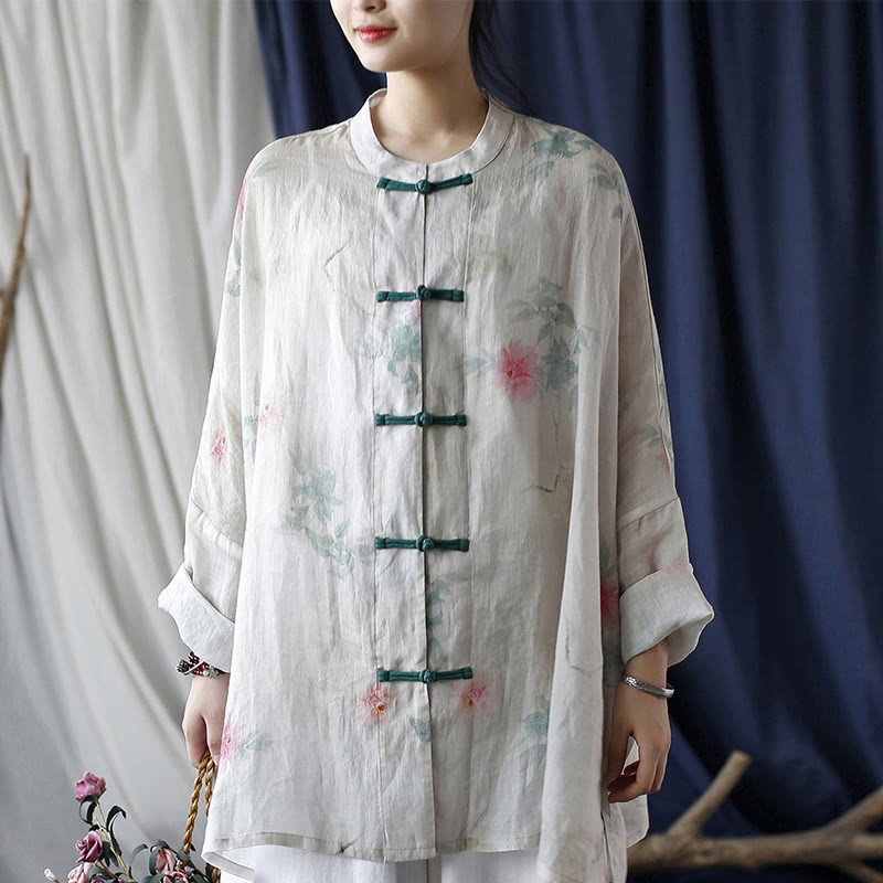 White Red Flowers Green Leaves Frog-Button Long Sleeve Ramie Linen Jacket Shirt