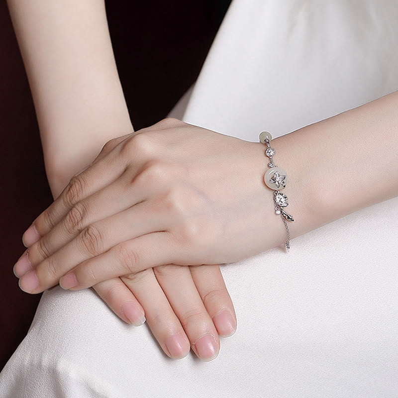 925 Sterling Silver Hetian Jade Peace Buckle Lotus Luck Chain Bracelet