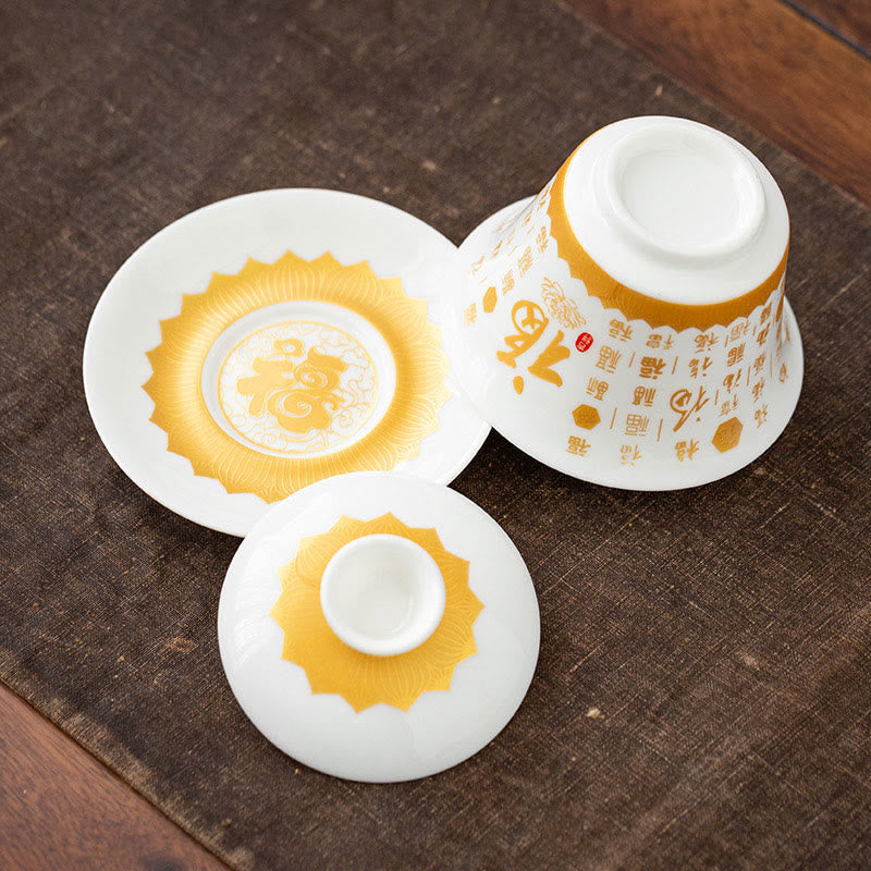 Buddhist Heart Sutra Small Fu Character Ceramic Gaiwan Teacup Kung Fu Tea Cup And Saucer With Lid