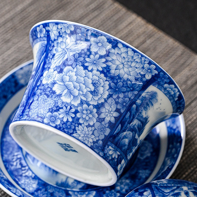 Jingdezhen Dragon Phoenix Pavilion Pine Flower Ceramic Gaiwan Sancai Teacup Kung Fu Tea Cup And Saucer With Lid 170ml