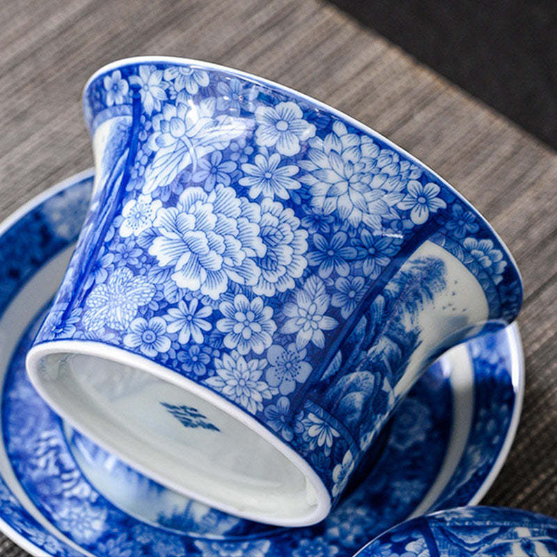 Jingdezhen Dragon Phoenix Pavilion Pine Flower Ceramic Gaiwan Sancai Teacup Kung Fu Tea Cup And Saucer With Lid 170ml