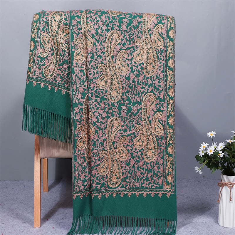 Rayon Fabric Shawl Golden Cashew Flowers Embroidery Tassel Winter Cozy Travel Scarf Wrap