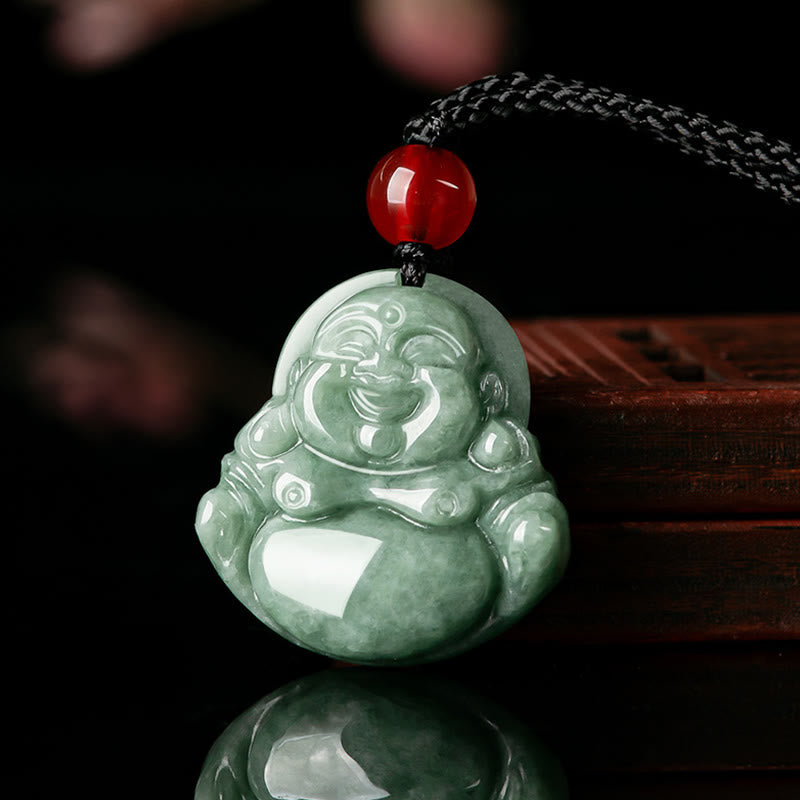 Natural Green Jade Laughing mystic zen Luck Abundance Necklace Pendant