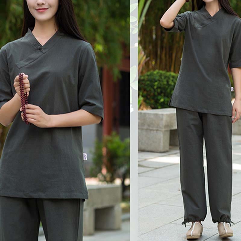2Pcs Half Sleeve V-Neck Shirt Top Pants Meditation Zen Tai Chi Linen Clothing Women's Set