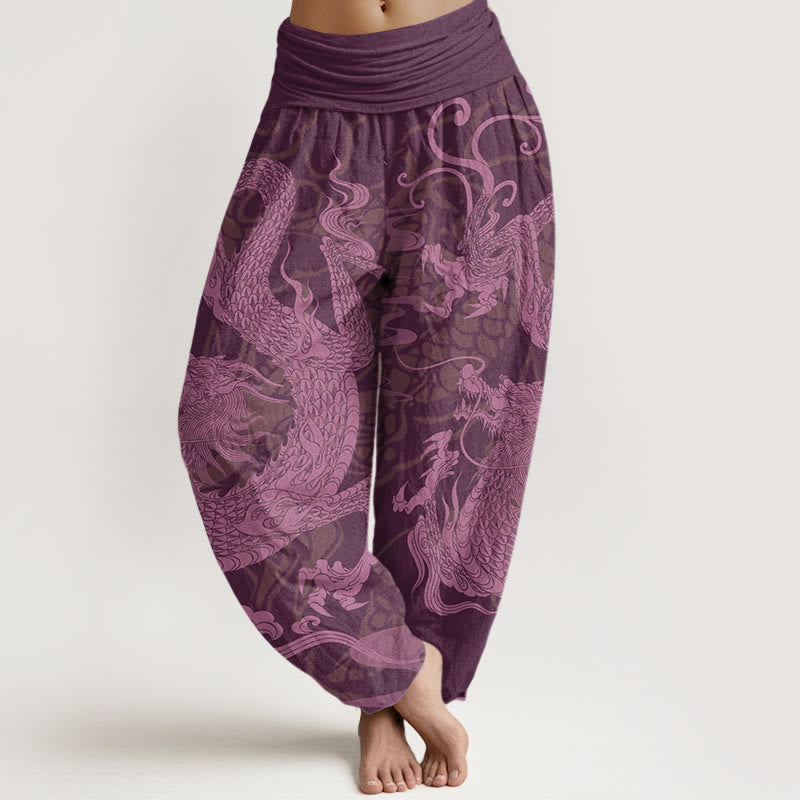 Dragon Auspicious Clouds Women's Elastic Waist Harem Pants