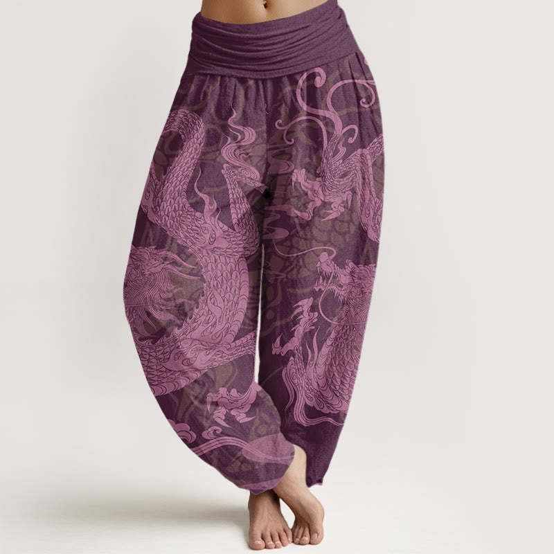Dragon Auspicious Clouds Women's Elastic Waist Harem Pants