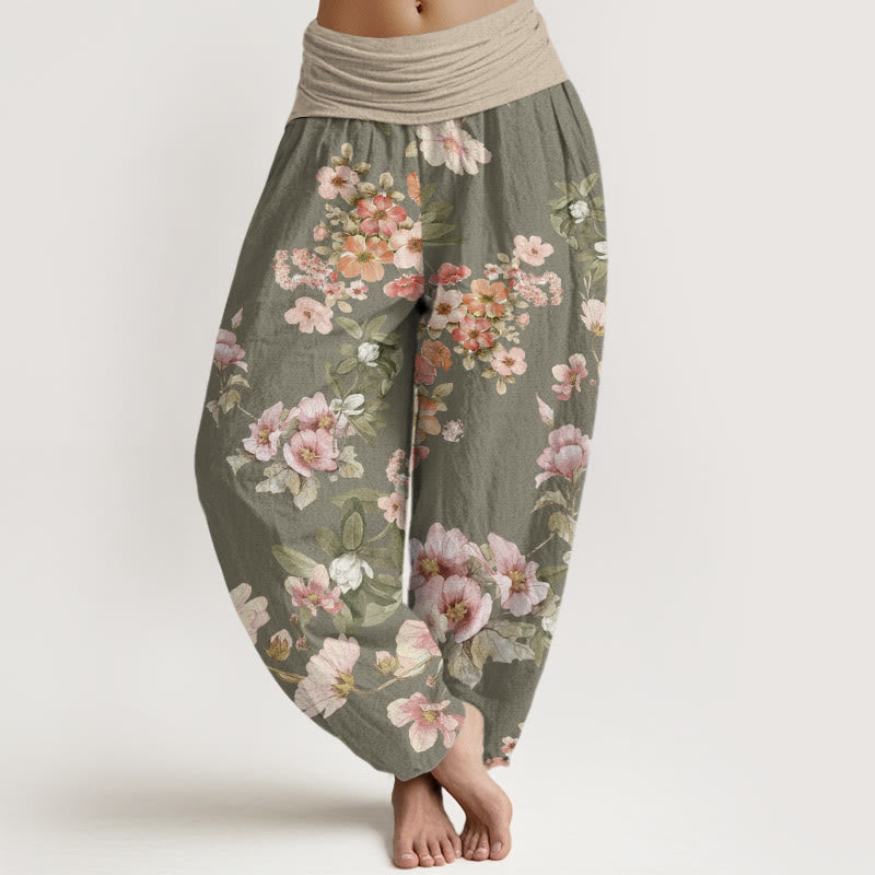 Pink Pale Orange Flowers Design Women's Elastic Waist Harem Pants