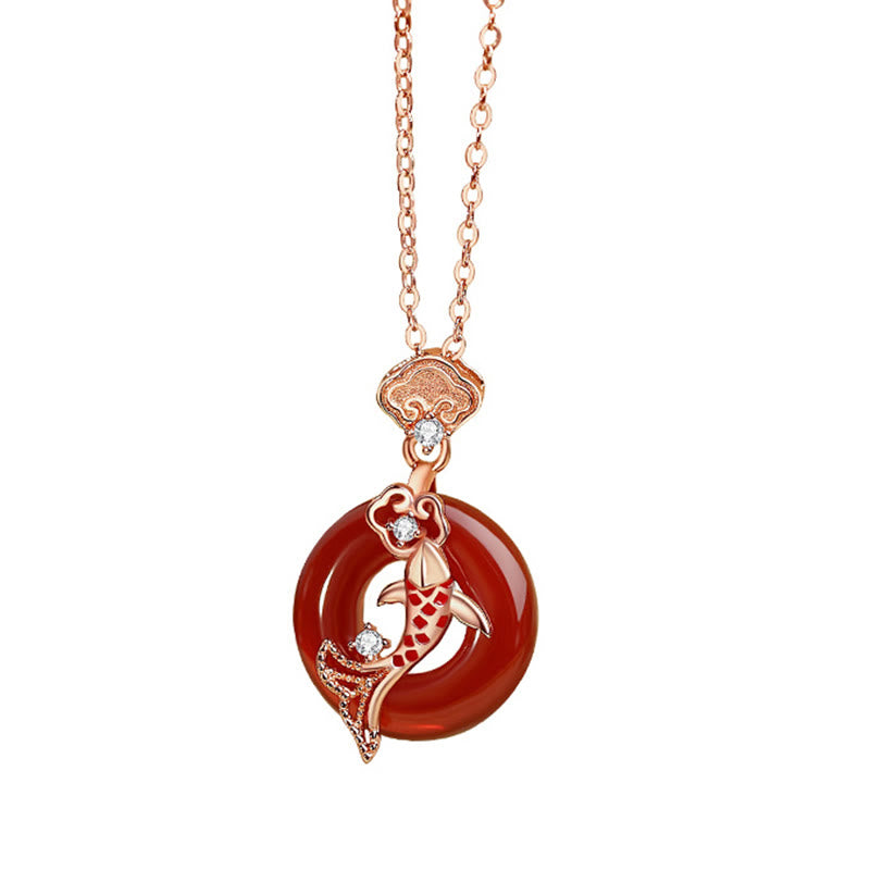 Red Agate 925 Sterling Silver Ruyi Lock Koi Fish Peace Buckle Calm Necklace Pendant