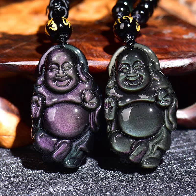 Natural Rainbow Obsidian Laughing mystic zen Inner Peace Necklace Pendant