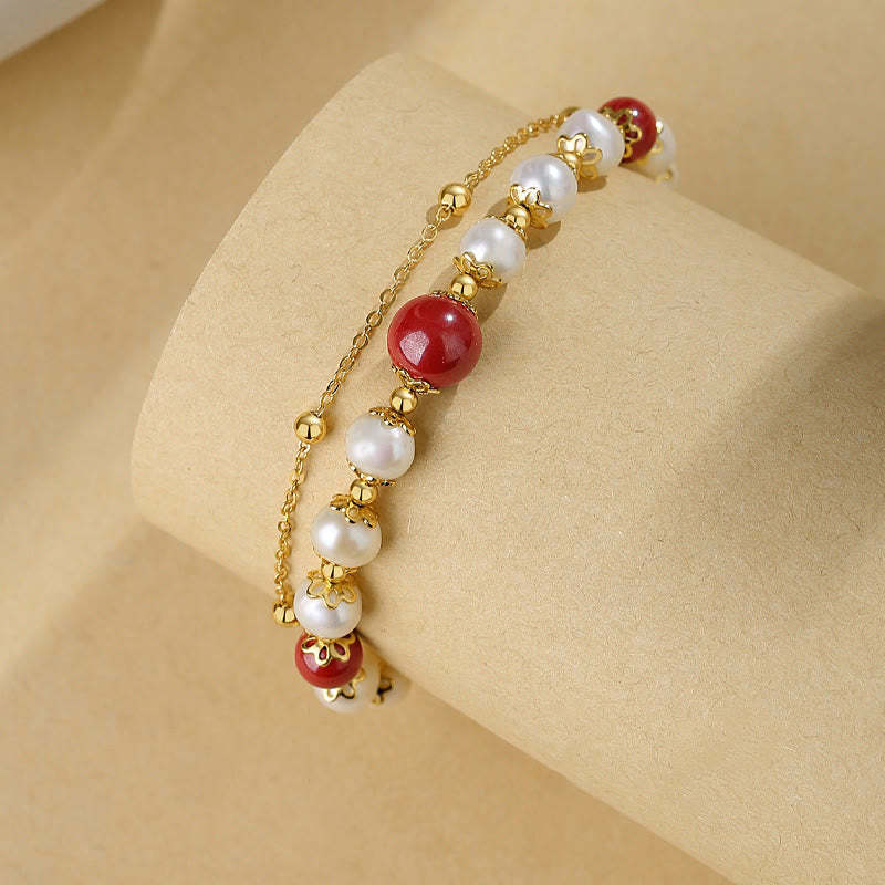 925 Sterling Silver Pearl Cinnabar Wisdom Bead Double Layer Chain Bracelet