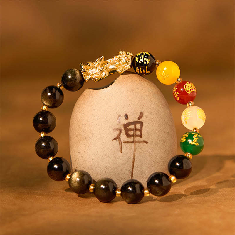 Natural Gold Sheen Obsidian PiXiu Five Directions Gods of Wealth Protection Bracelet