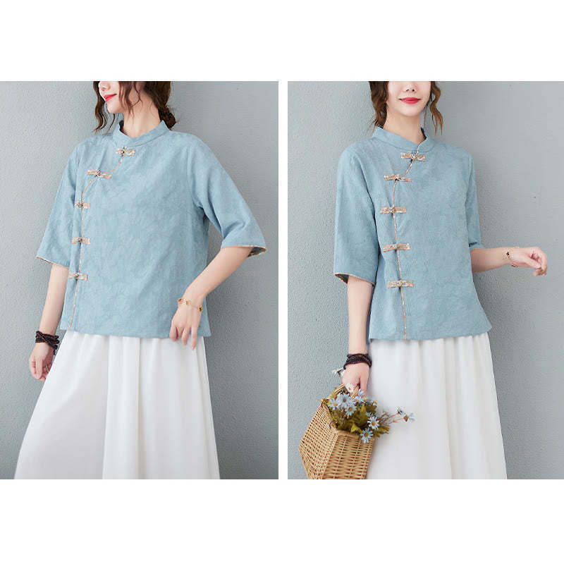 Floral Pattern Frog-Button Half Sleeve Cotton Linen Shirt