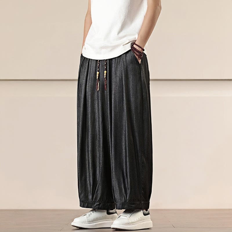 Spring Solid Color Cotton Drawstring Men's Wide Leg Pants With Pockets