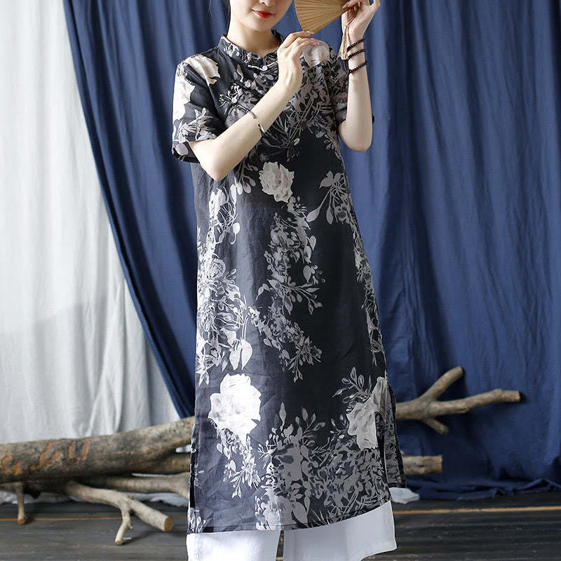 Ramie Linen Blue Flowers Leaves Cheongsam Dresses Short Sleeve Dress