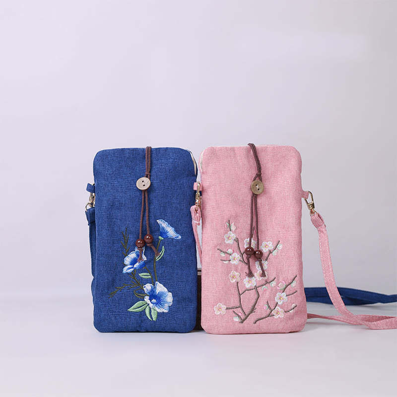 Small Embroidered Flowers Crossbody Bag Shoulder Bag Cellphone Bag 11*20cm