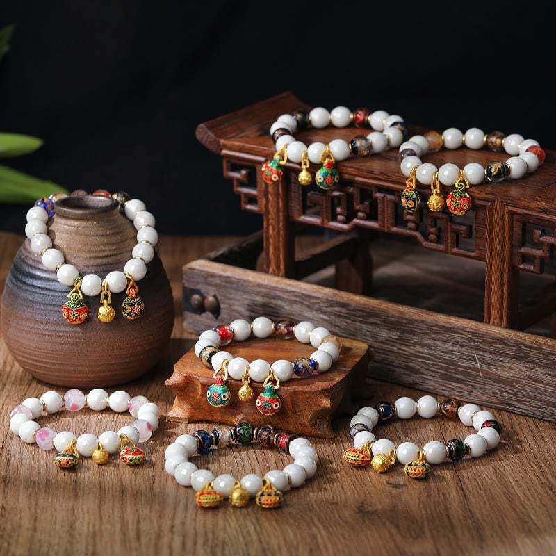 Gold Swallowing Beast Family Charm Liuli Glass Colorful Porcelain Bead Luck Bracelet