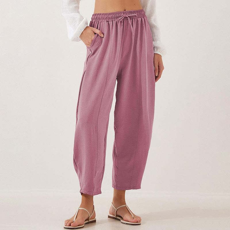 Casual Plain Loose Drawstring Women's Polyester 7/8 Length Pants  With Pockets