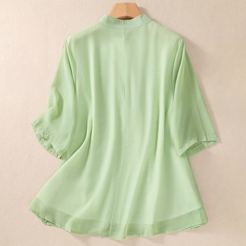 Embroidery Plants Flower Half Sleeve Plain Frog-Button Stand Collar Women's Shirt