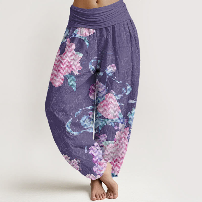 Casual Bright Peony Flower Grass Women's Elastic Waist Harem Pants
