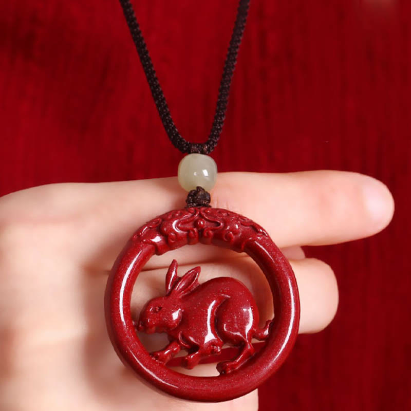 Chinese Zodiac Cinnabar Hetian Jade Peace Buckle Calm Necklace Pendant