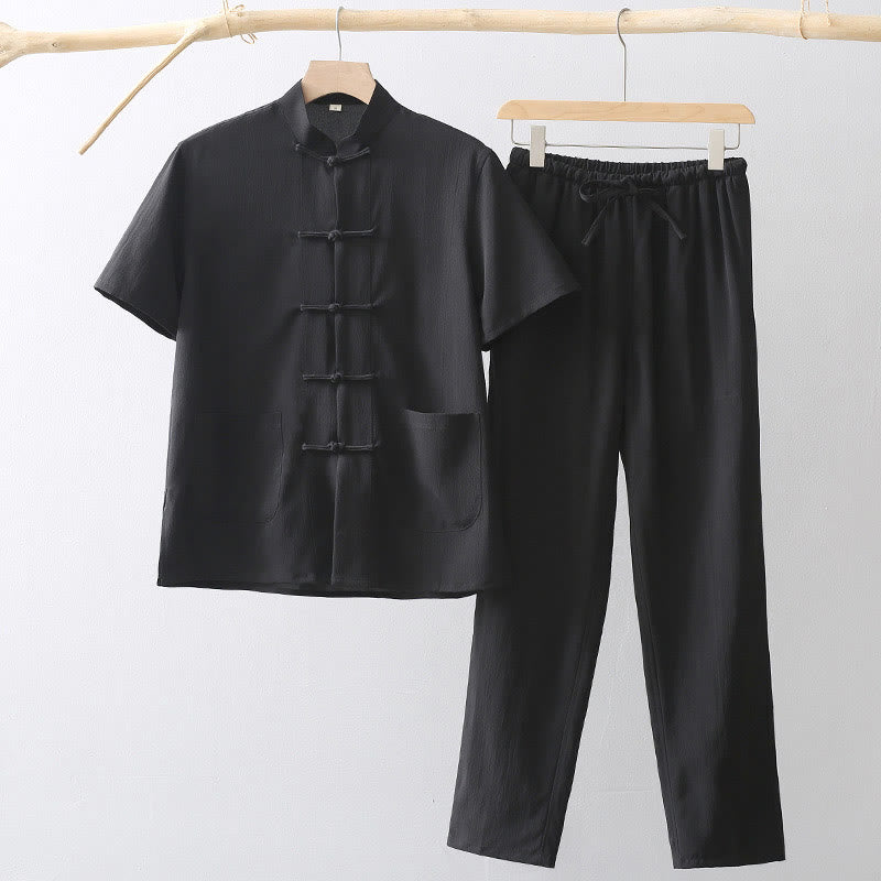Tang Frog-Button Short Sleeve Shirt Wide Leg Pants Men's Suit