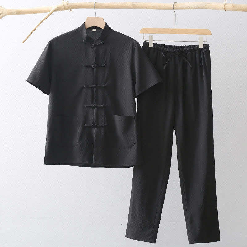 Tang Frog-Button Short Sleeve Shirt Wide Leg Pants Men's Suit