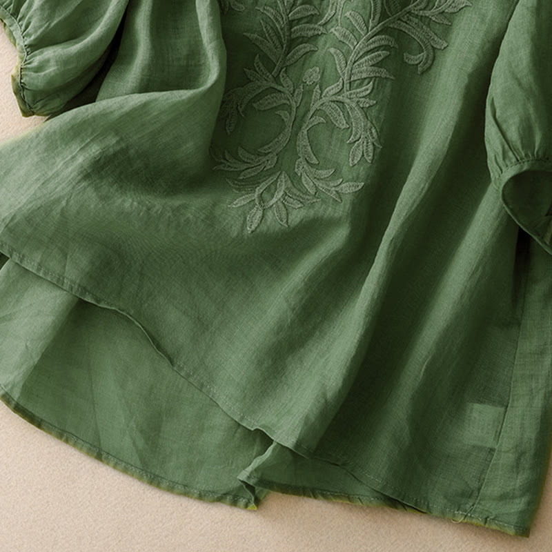 Casual Women's Plain Embroidered Plant V-neck Design Half Sleeve Cotton Linen Shirt